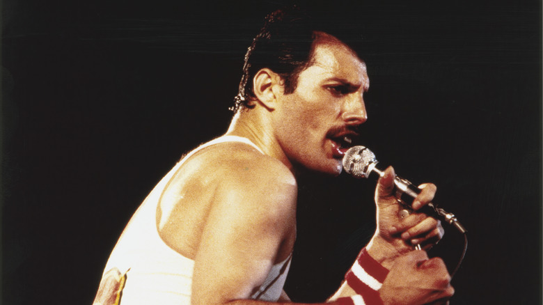 Freddie Mercury singing on stage