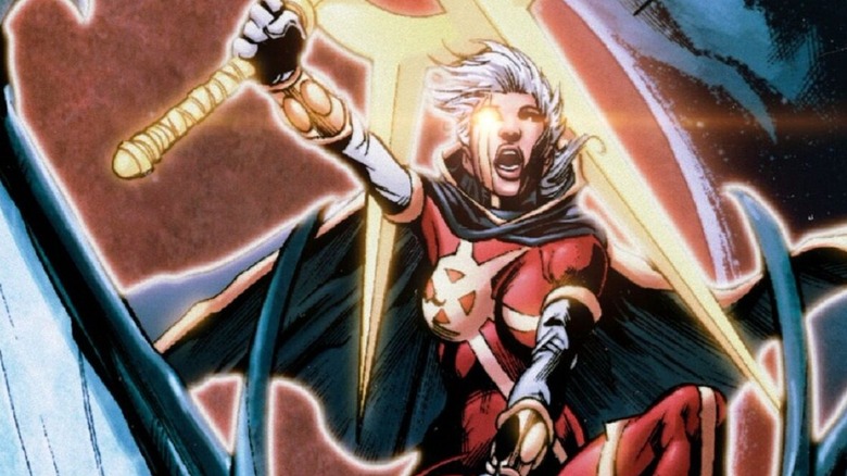 Phyla-Vell raises her sword riding a dragon