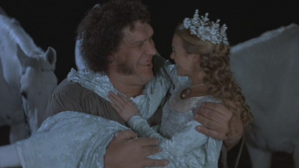 Andre the Giant as Fezzik and Robin Wright as Buttercup in The Princess Bride