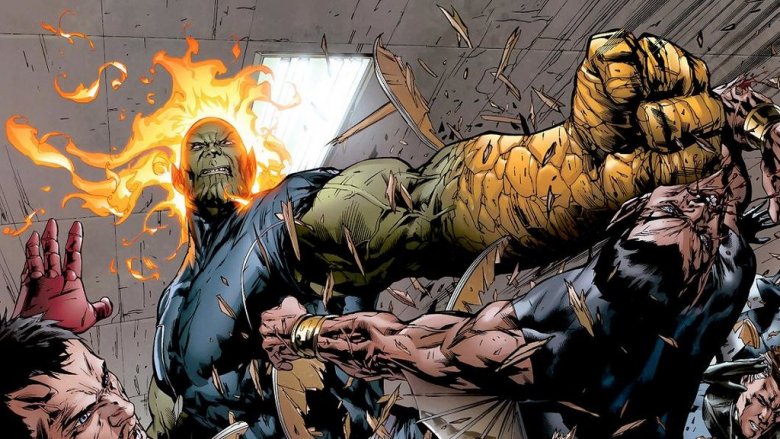 A shot from the comics of the Super Skrull fighting the Avengers