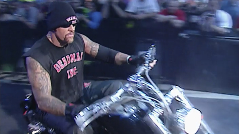 The Undertaker in his Bikertaker phase entering Wrestlemania 18 on a motorcycle.