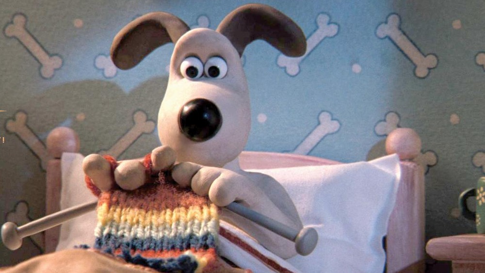 Gromit knitting in bed