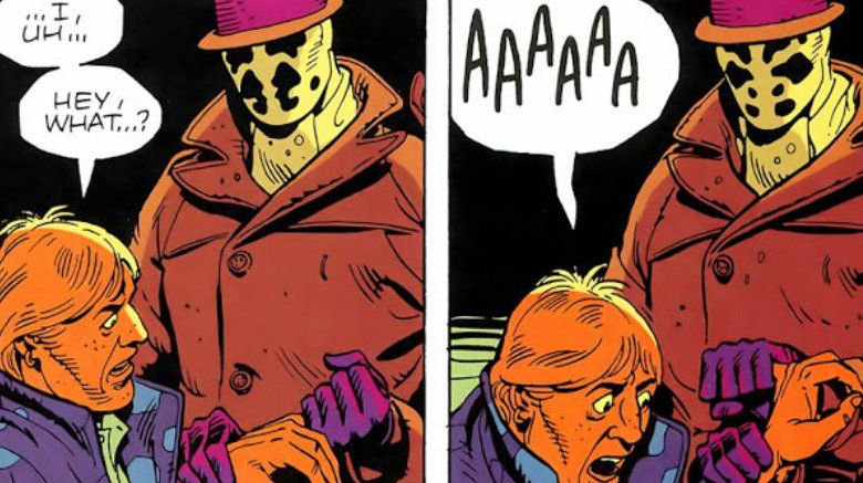 From Watchmen #1 -- Rorschach breaking a man's finger for information