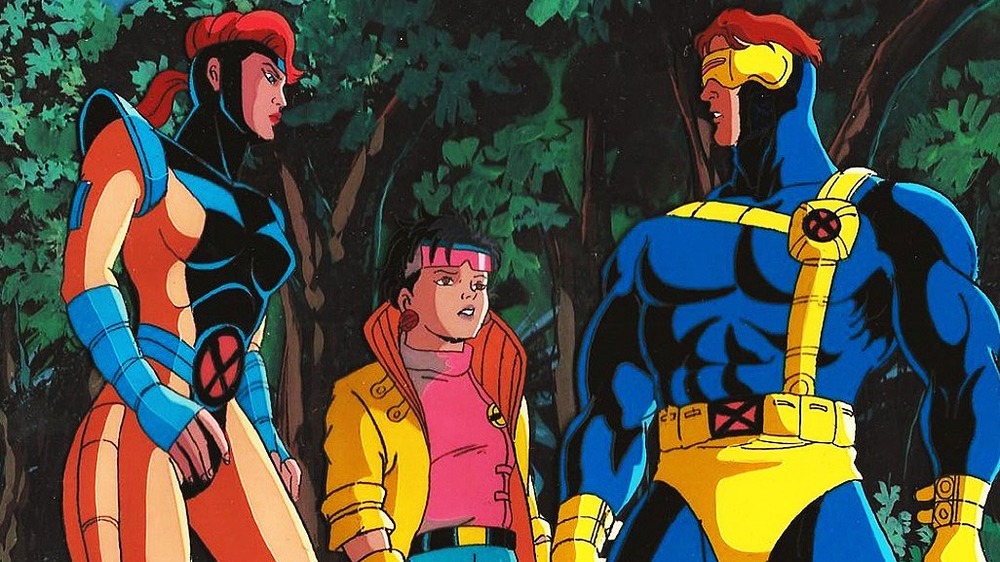 Jean Grey, Jubilee, and Cyclops in forest 