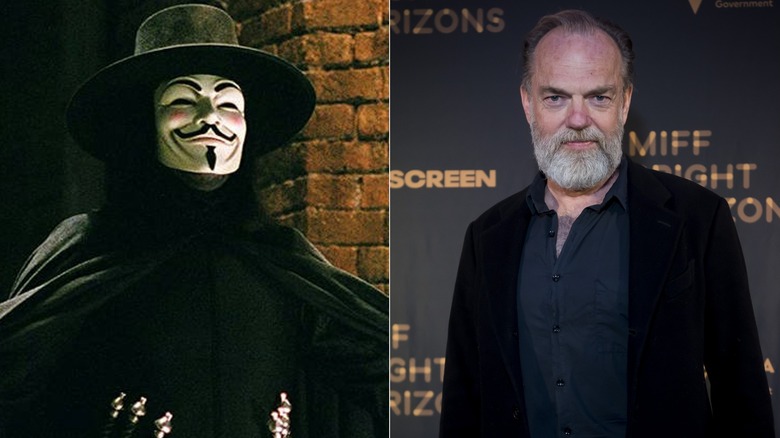 V standing in a dark alley in V for Vendetta and Hugo Weaving posing for photos at an event in 2023