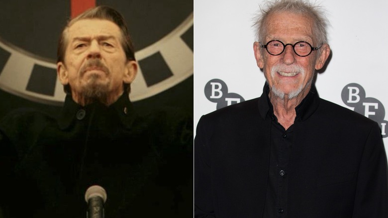 Adam Sutler in in V for Vendetta and John Hurt wearing all black at an event in London in 2016