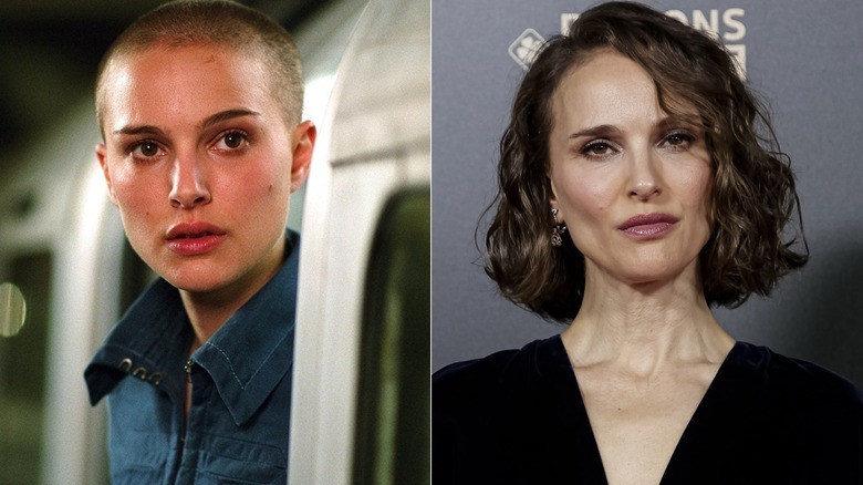 Evey Hammond on a subway in V for Vendetta and Natalie Portman at a red carpet event in Paris in October 2024