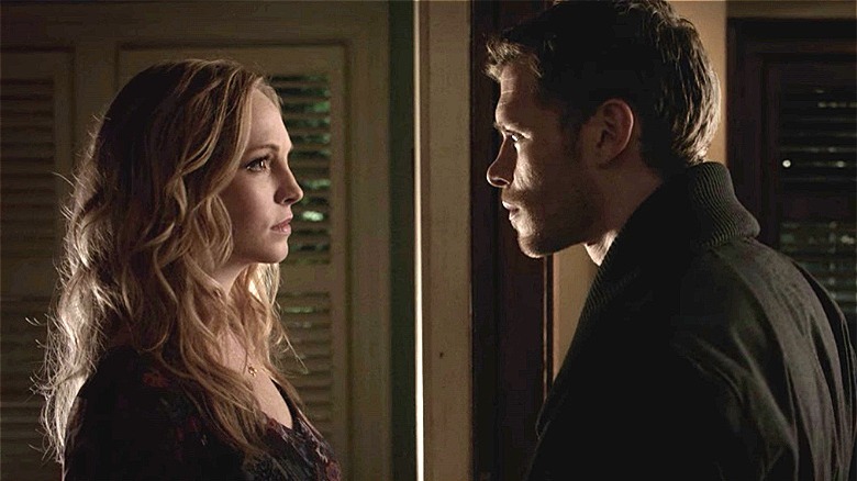 Klaus and Caroline in formal wear in The Vampire Diaries