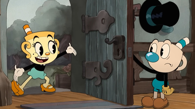 Mugman opening the door for Ms. Chalice