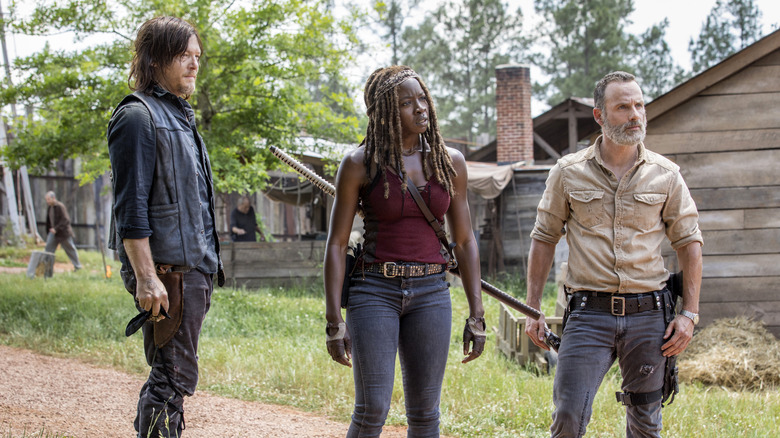 Rick stands with Daryl and Michonne