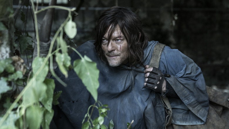 Daryl Dixon crouched behind leaves