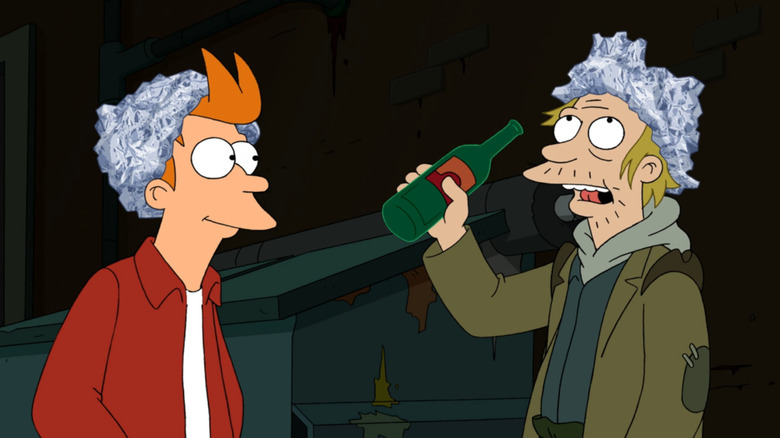 Hutch Waterfall holds a bottle next to Fry 