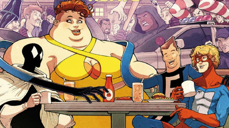 The Great Lakes Avengers chilling at a diner