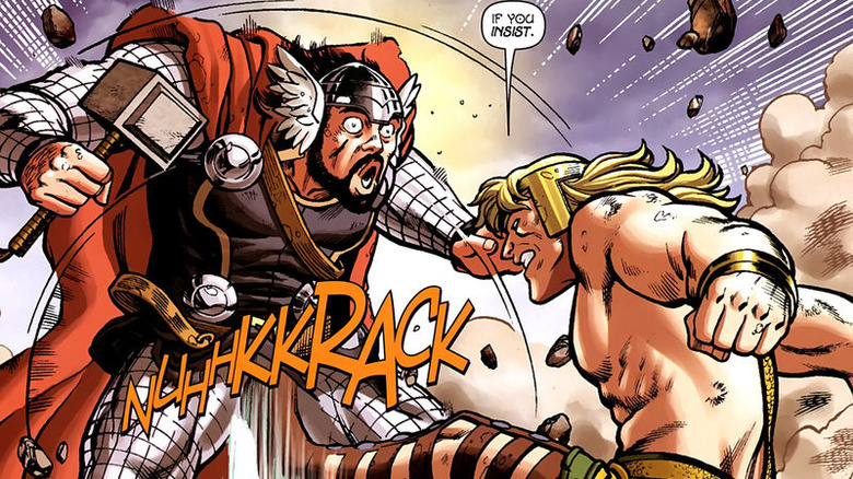 Hercuthor kicks Thorcules in the crotch