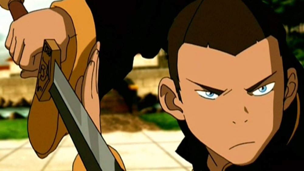 Sokka wielding his sword bearing the White Lotus mark on Avatar: The Last Airbender