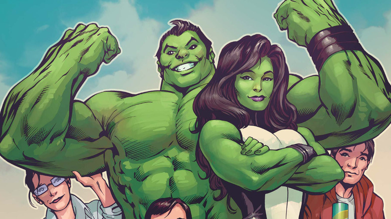 Totally Awesome Hulk flexing with She-Hulk