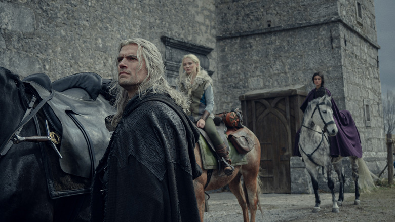 Geralt, Ciri and Yennefer with horses