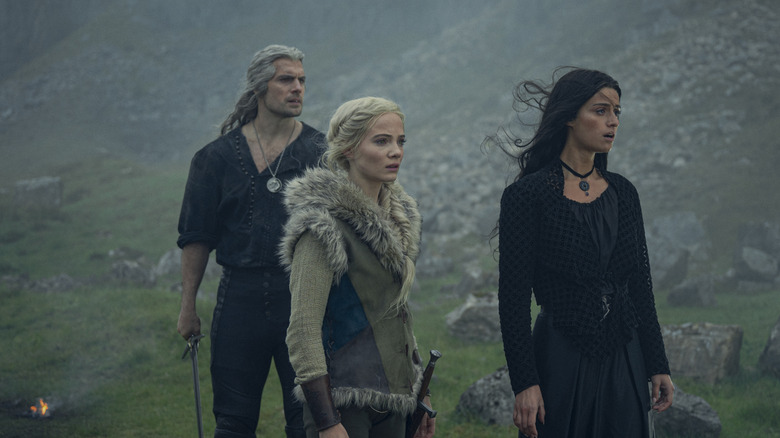 Geralt, Ciri, and Yennefer looking surprised