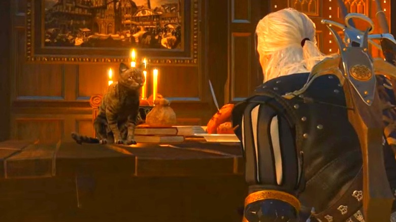 Nibbles and Geralt staring at each other