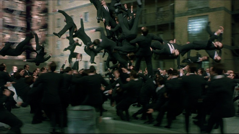 A crowd of Agent Smith clones in The Matrix Reloaded