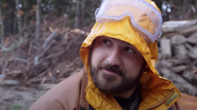 Jack Begley wearing rain gear and goggles