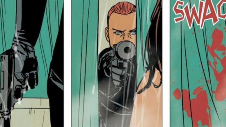 Black Widow shoots an unseen woman in the shower