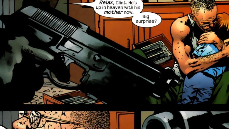 Clint Barton cradles his son's dead body