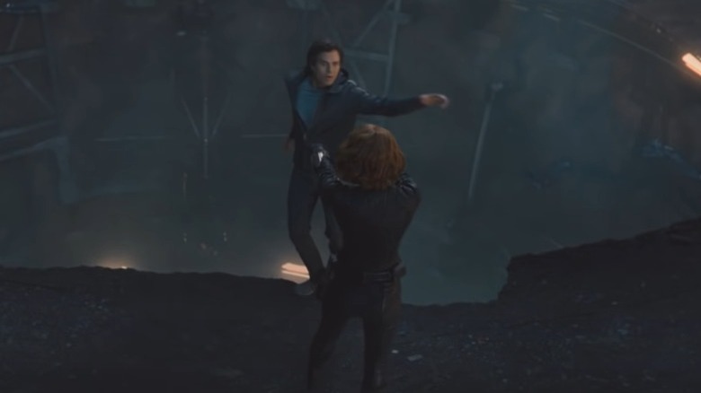 Bruce Banner falling, looking up at Natasha Romanoff