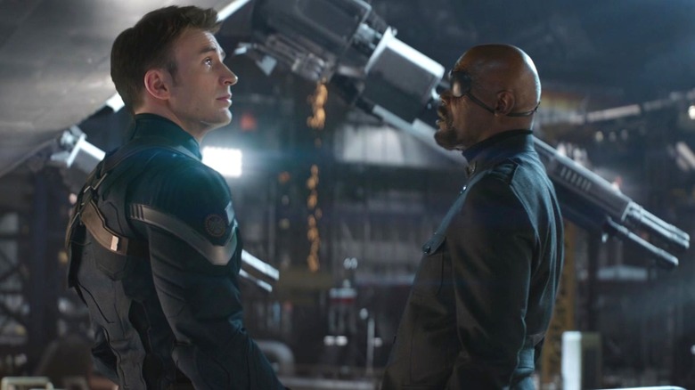 Steve Rogers and Nick Fury examining Helicarrier