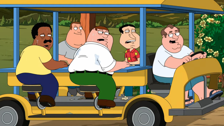 Peter and his friends on a pedal bus