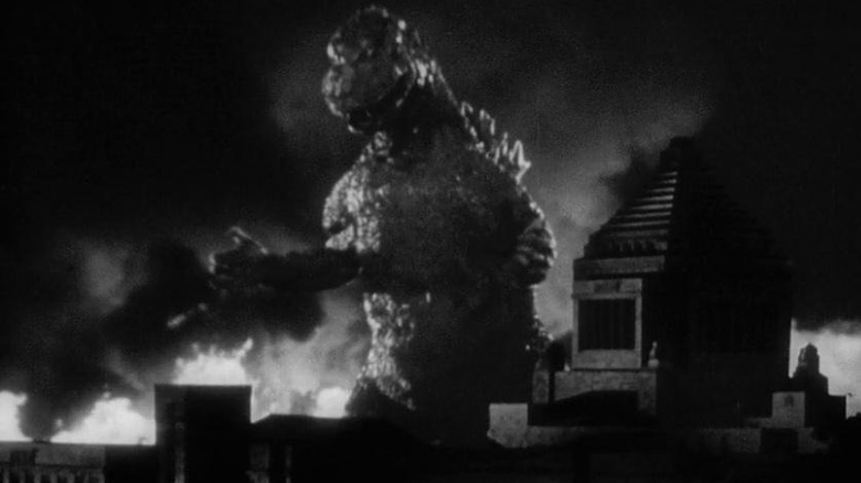 Godzilla destroys buildings