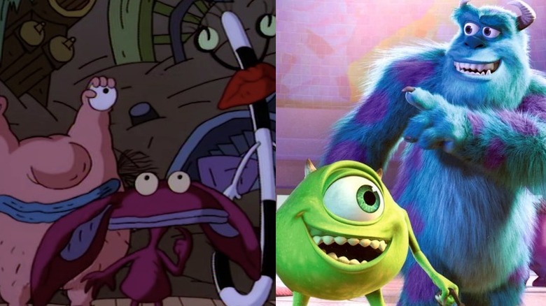 Krumm, Ickis and Oblina looking up in "Aaahh!!! Real Monsters"; Mike and Sulley greeting co-workers in "Monsters, Inc."