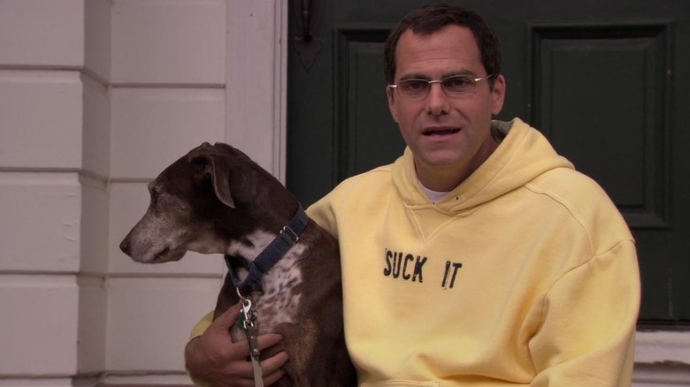 David Wallace in Suck It sweatshirt