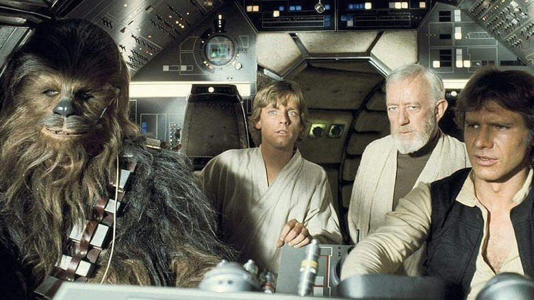 Chewy, Luke, Ben, and Han in the Falcon cockpit in "Star Wars: Episode IV - A New Hope" (1977)