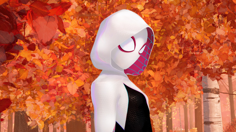 spider gwen looking over her shoulder