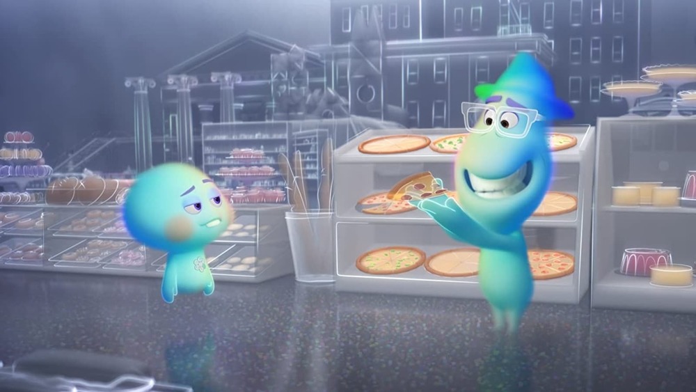 Number 22 and Joe with pizza in Pixar's Soul