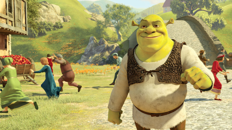 People running away from Shrek