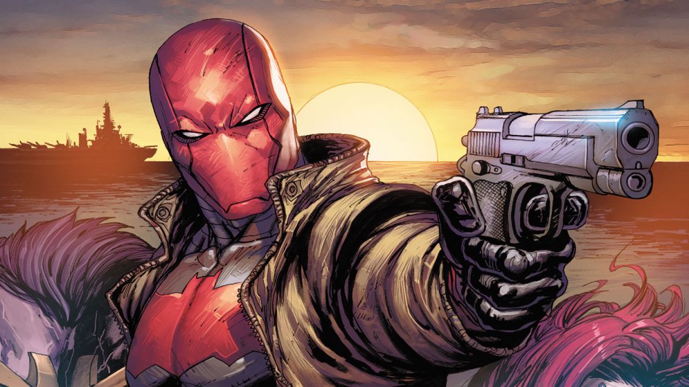 Red Hood takes aim on the cover of Red Hood/Arsenal #10, from DC Comics