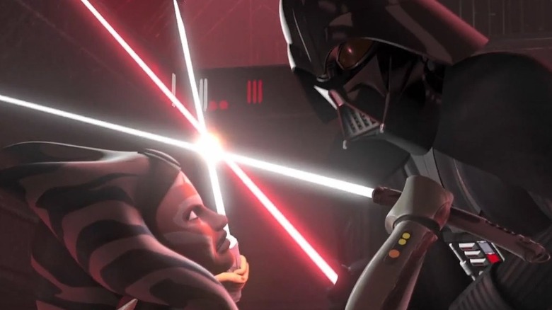 Ahsoka fighting darth vader in rebels