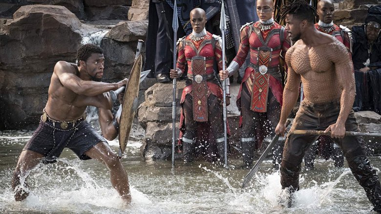 Michael B. Jordan, Chadwick Boseman, Janeshia Adams-Ginyard, Marie Mouroum, and Maria Hippolyte in Black Panther (2018)