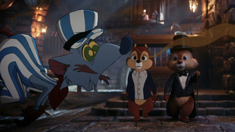 Chip and Dale watch a mouse float on stink lines