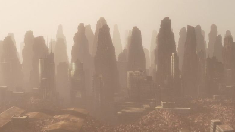 towers of garbage rise above an abandoned city