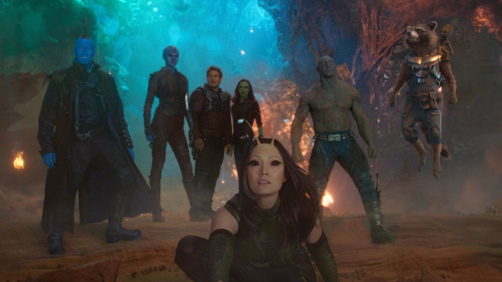 Michael Rooker, Karen Gillan, Chris Pratt, Zoe Saldana, Dave Bautista, and Pom Klementieff in Guardians of the Galaxy Vol. 2