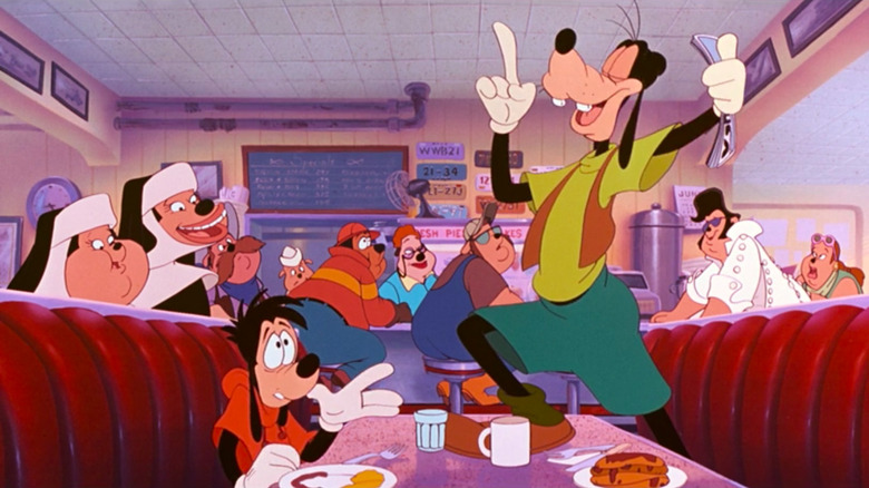 Goofy and Max surrounded by other anthropomorphic dogs