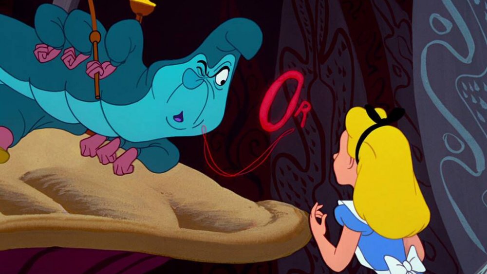 The hookah-smoking caterpillar peering at Alice, from Disney's Alice in Wonderland