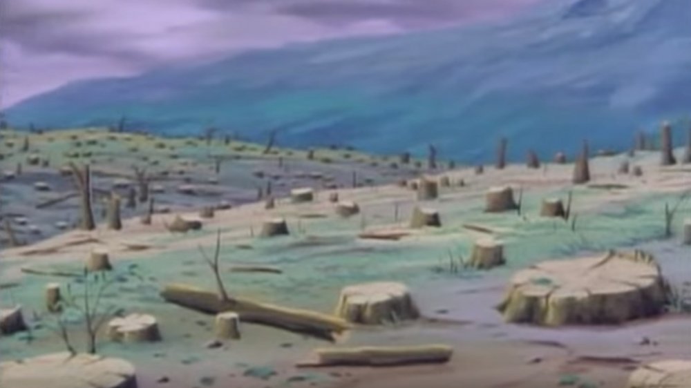 A landscape of tree stumps in "Captain Planet and the Planeteers"