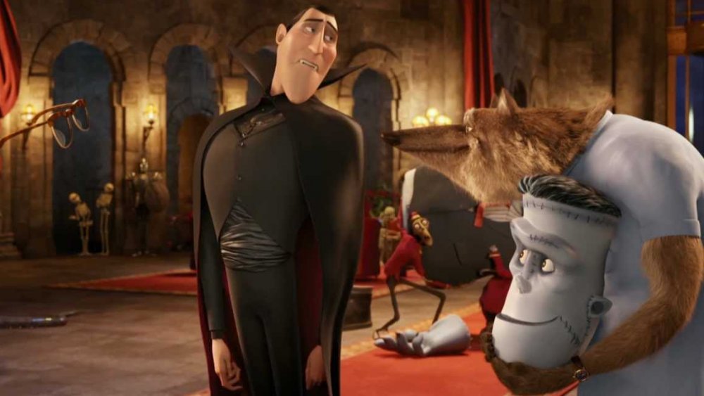 Dracula, Wayne, and Frankenstein's monster in a scene from Hotel Transylvania