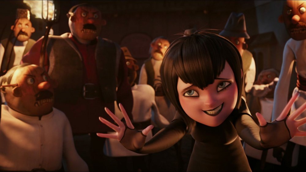 Mavis and a crowd of angry humans in Hotel Transylvania