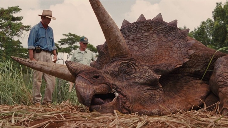 Grant examining triceratops