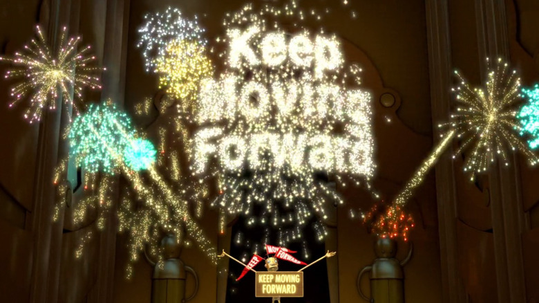 Carl sets off fireworks that spell "Keep Moving Forward"